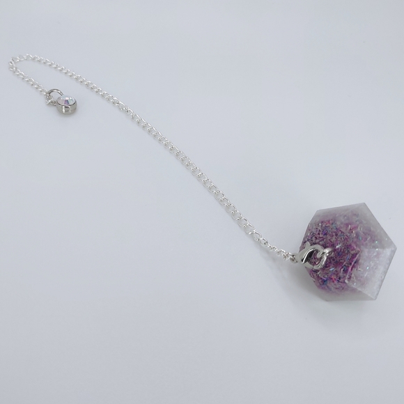 Berries and ice purple glitter inside pearly white handcrafted dowsing pendulum - Picture 6 of 10